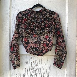 ZARA Red And Black Floral Print Ruffled Blouse Top